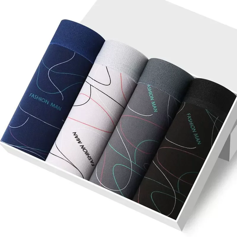 4-Piece Set Of Solid Color Striped Printed Men's Sports Boxer Shorts Daily Casual Breathable Underwear, Men's Intimate Underwear