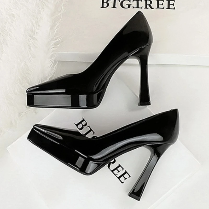BIGTREE Shoes Platform Pumps Women 12 CM Heels Patent Leather High Heels Thick Heel Ladies Shoes Pointed End Woman Pumps Fashion view 6