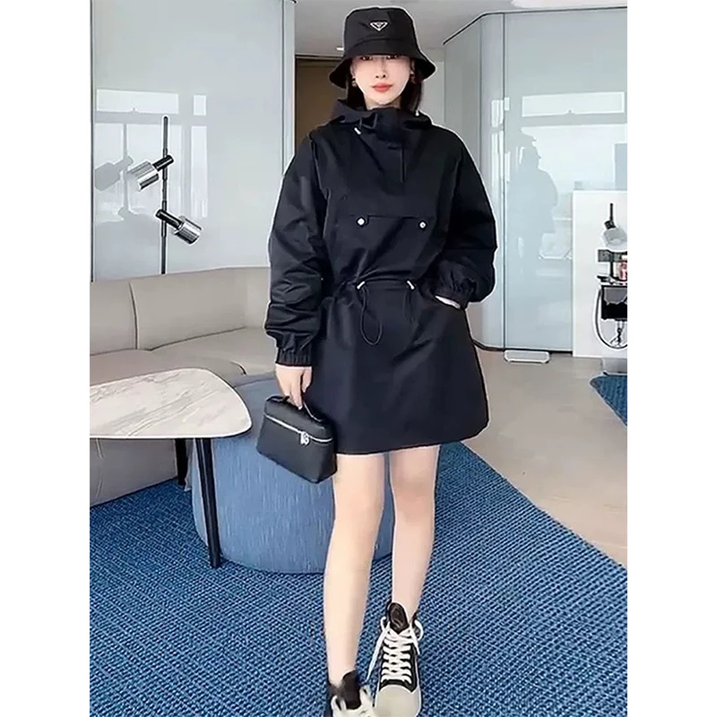 

plus Size 300 Pounds Fat MM Hong Kong Style Retro Casual Workwear Hooded Dress Women's Autumn Model Drawstring Waist A-Line S...
