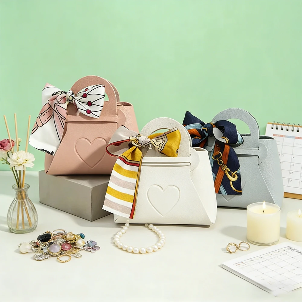 

50Pack Personalized Logo Fashion Pu Leather Small Portable Candy Gift Bags Bow Jewelry Packaging Bags Wedding Party Present Bag