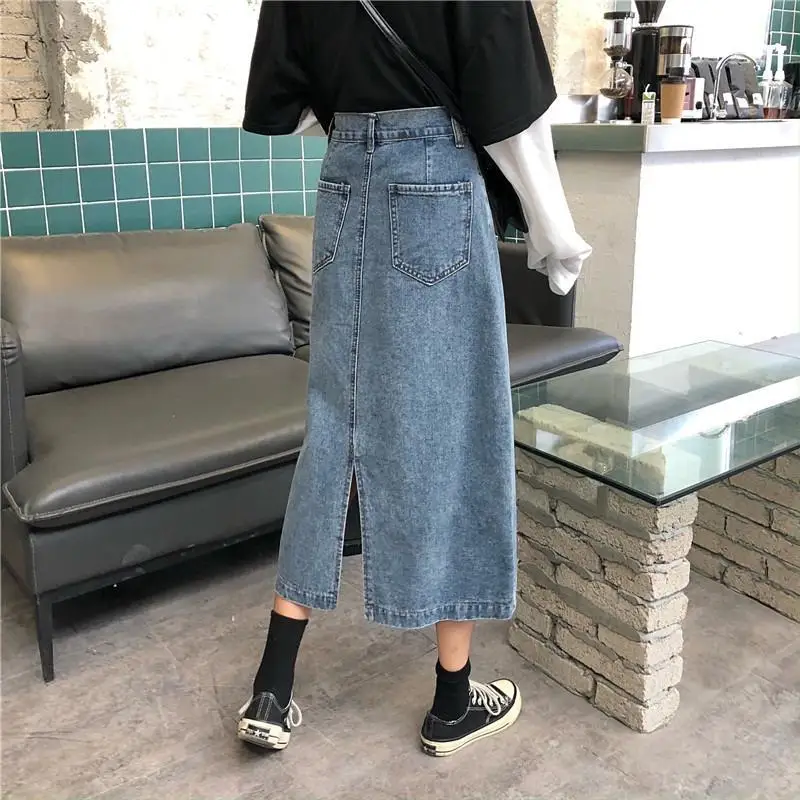 2024 Fashion Vintage Long Denim Skirts Woman Spring Summer High Waist Button Pockets Split Jeans Straight Maxi Denim Maxi Skirts