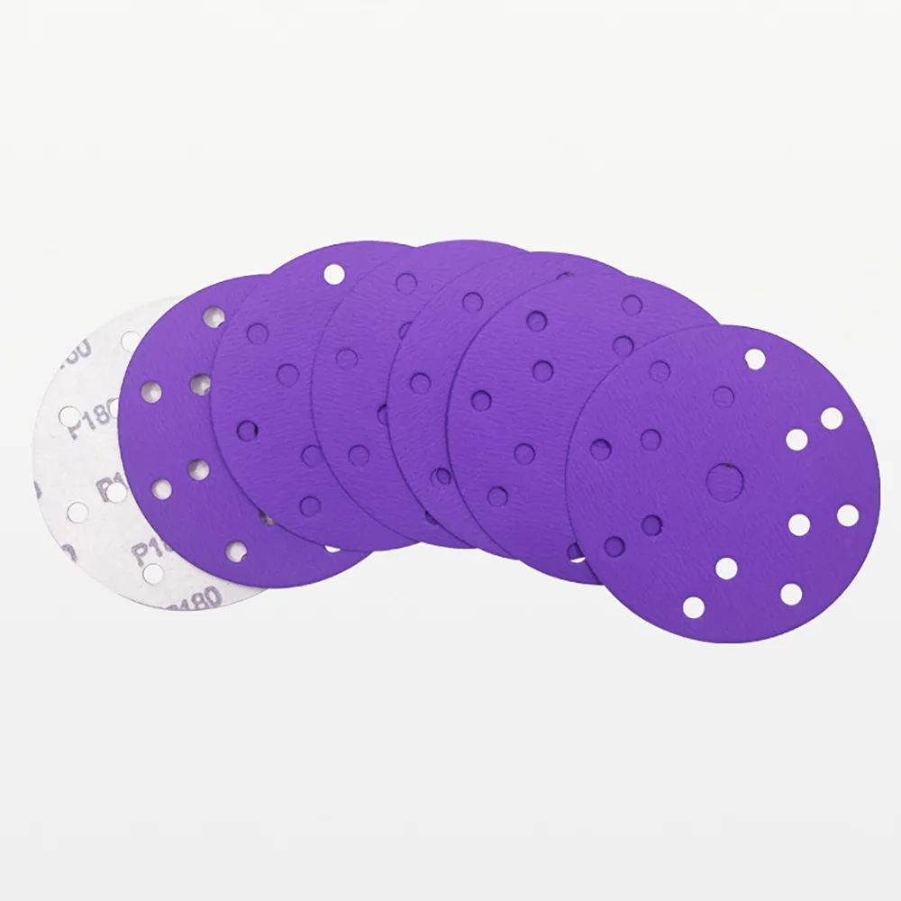 50PCS 150mm/6 Inch 15 Hole Purple Film Ceramic Sanding Discs Hook & Loop Backing Sandpaper for 6