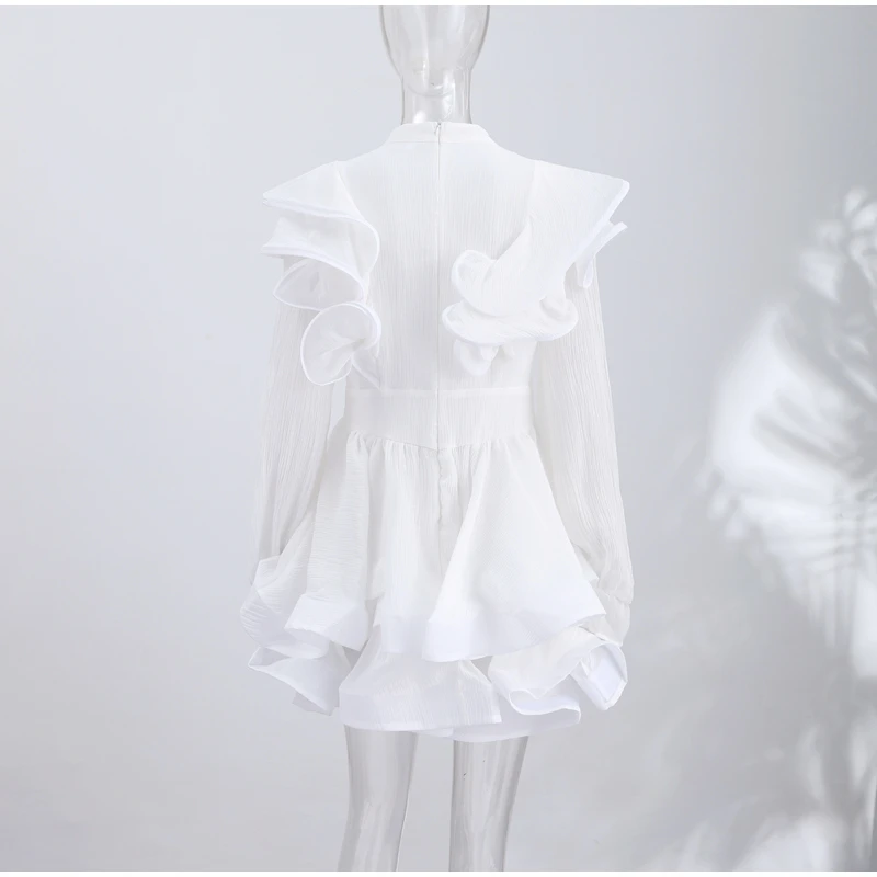 Solid Ruffle Mini Dress U Neck Long Puff Sleeve Tie Neck Tiered Hem Sweet Style Gown Soft Pastel Tones Fashion Chic Women Outfit