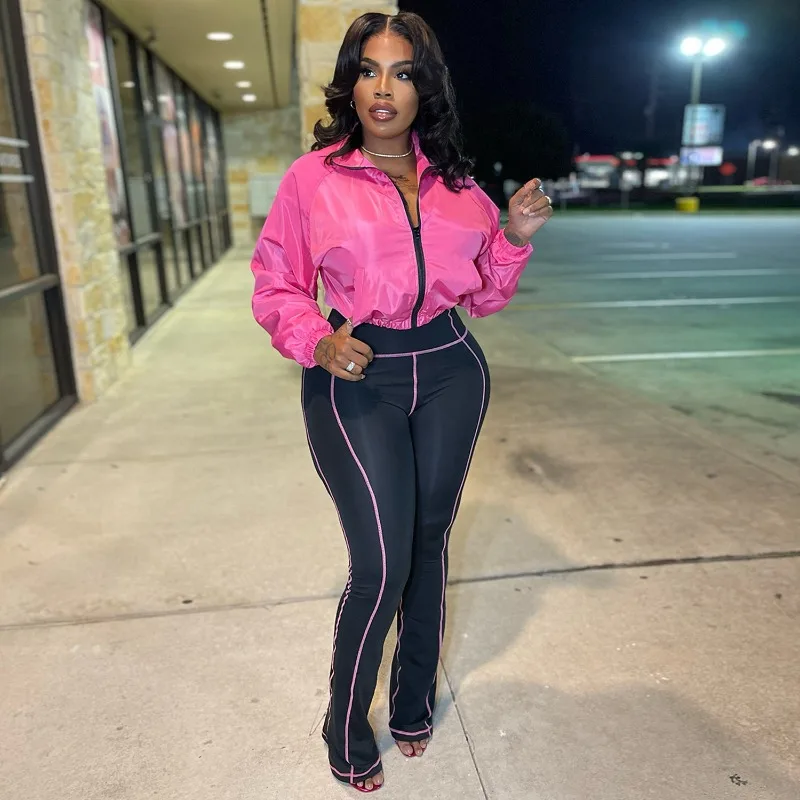 أزياء المرأة عارضة 2 قطعة مجموعة رياضية لامعة سحاب أكمام طويلة جيوب جاكيتات أعلى + نحيل مضيئة السراويل الشارع الشهير الدعاوى