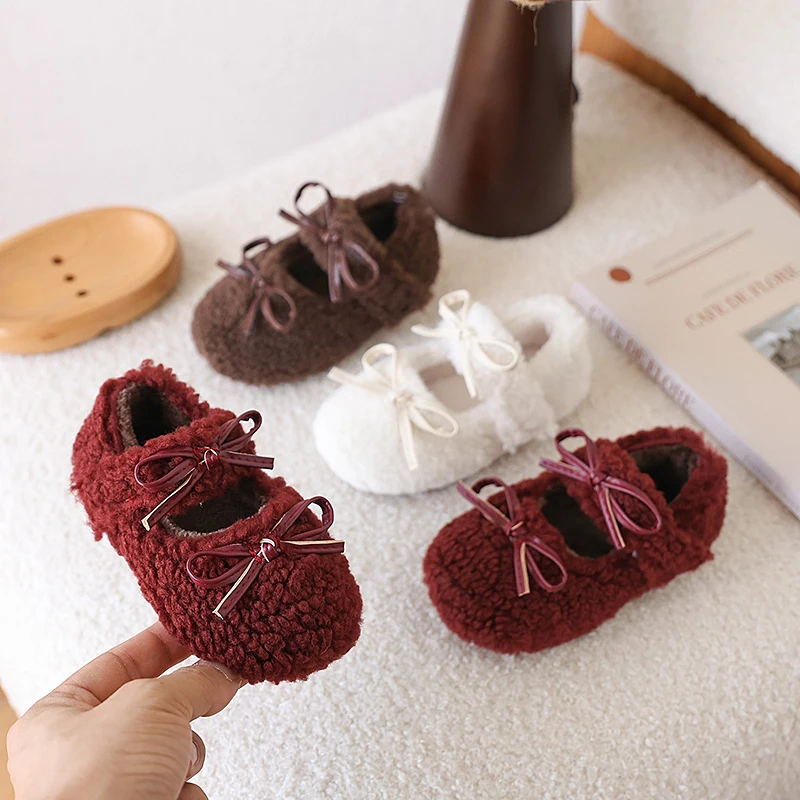 Winter Girl's Mary Janes Double Bow Plush Sweet Kid's Flat Shoe Solid Colors Anti-slip Warm Daily Versatile Children Shoes