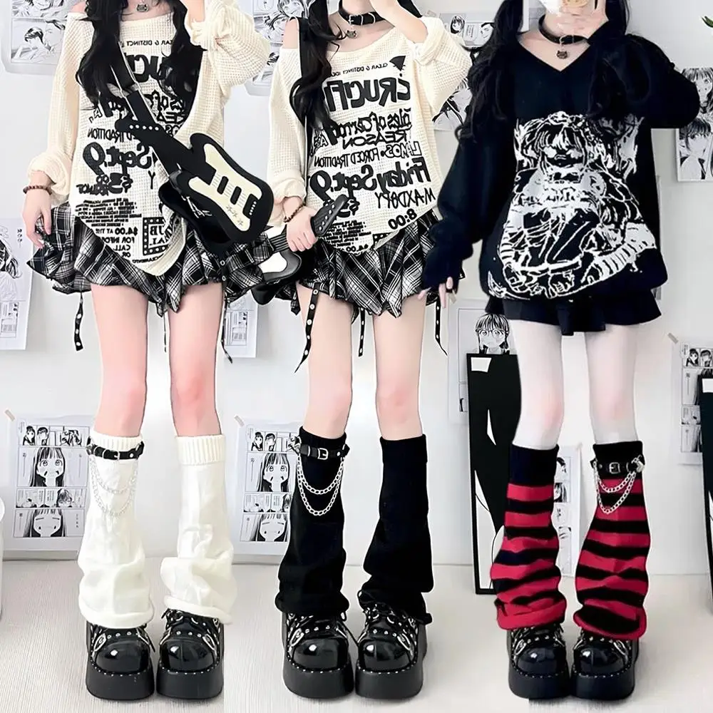 Calentadores de piernas góticos a rayas para mujer, calcetines largos de Lolita blancos y negros, calcetines de invierno japoneses tejidos, calentadores de brazos y tobillos, cubierta de piernas anchas