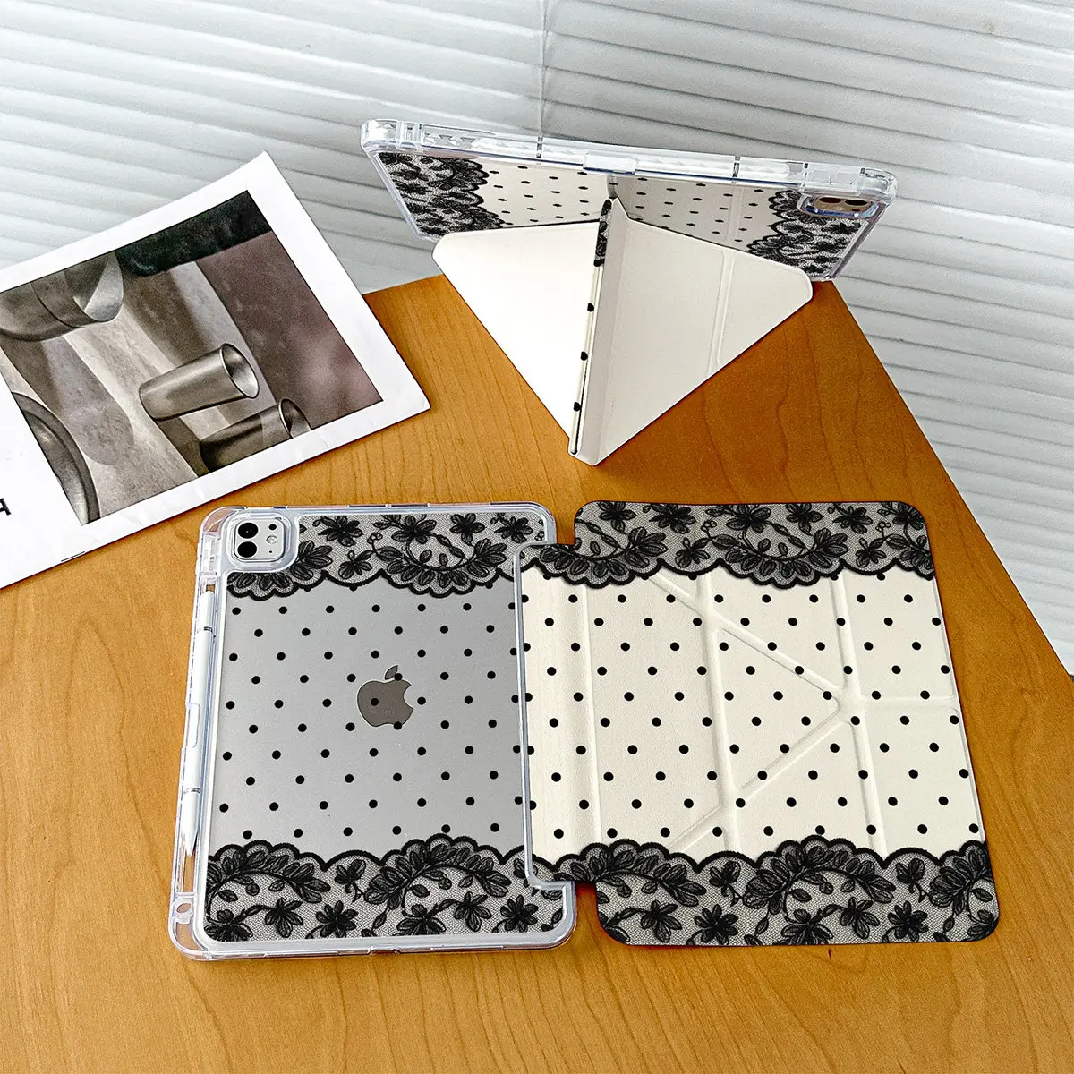 Black Polka Dots Lace Flower Tablet Case For iPad Pro 11 13 M2 M4 M3 10.2 5/6th 7/8/9/10/11th Mini 6 7 Air 3 4 5 6 Stand Cover