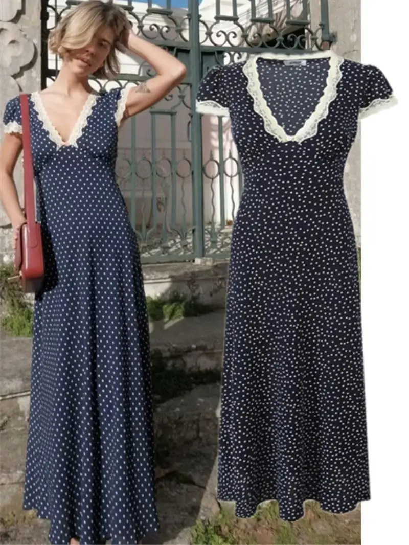 Retro Polka Dot Spitze Spleißen V-ne Schlankheits Design Lange Dr Tea Break A-linie Rock ort Sve Frühling Sommer Herbst frauen...