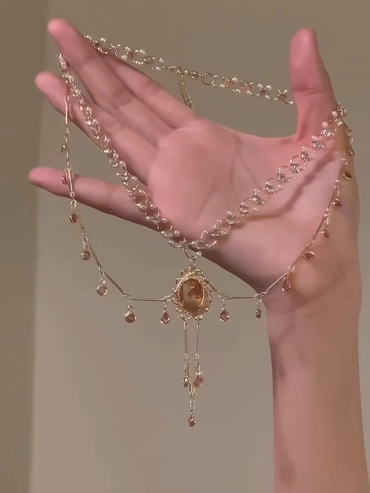 Meerlaags Koper Legering Kristal Ketting Vrouwen Hanfu Accessoires Sexy Gouden Sleutelbeen Ketting Verjaardag Cadeau Voor Vrouwen