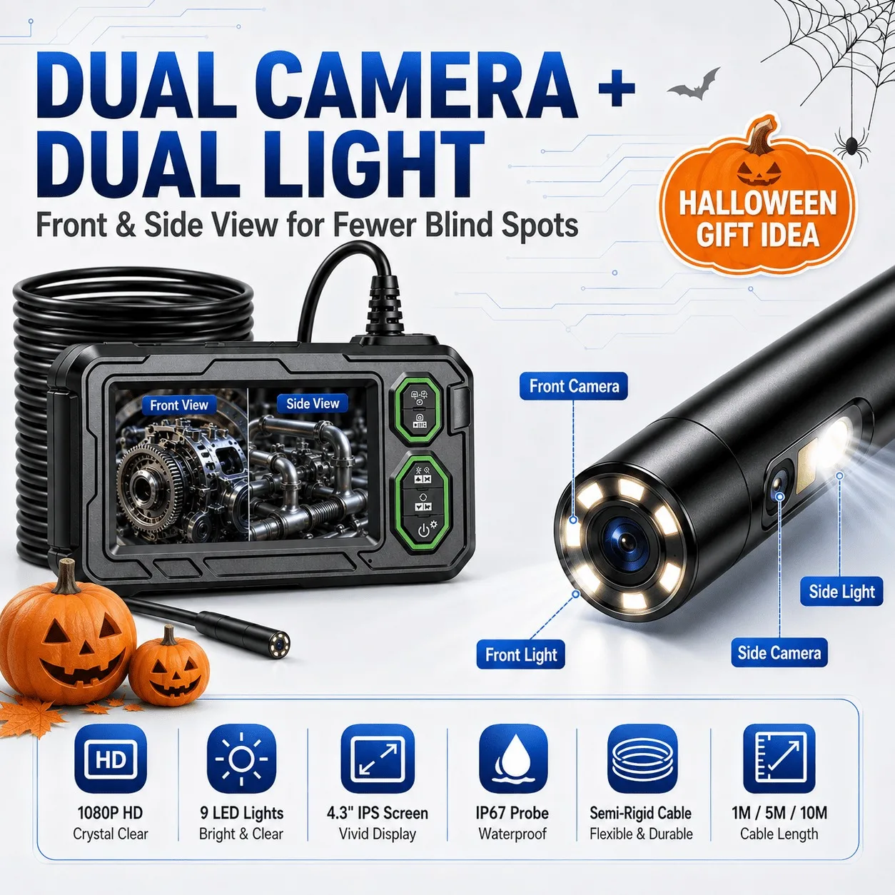 10M/33FT Long Cable Dual Camera Endoscope With 9 LED Lights, 4.3