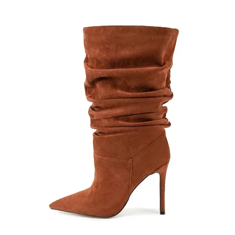 2025 Spring and Autumn New Fashion Wrinkled Stiletto Wide Leg Short Boots European and American Women's High Heel Sleeve Boots