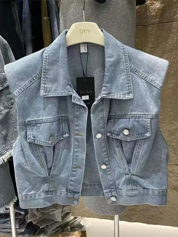 

Waed Vintage ort Svel Korean Sle oulder Pad Design Denim Vest Women's Faion Summer 2025 Collar Regular T...