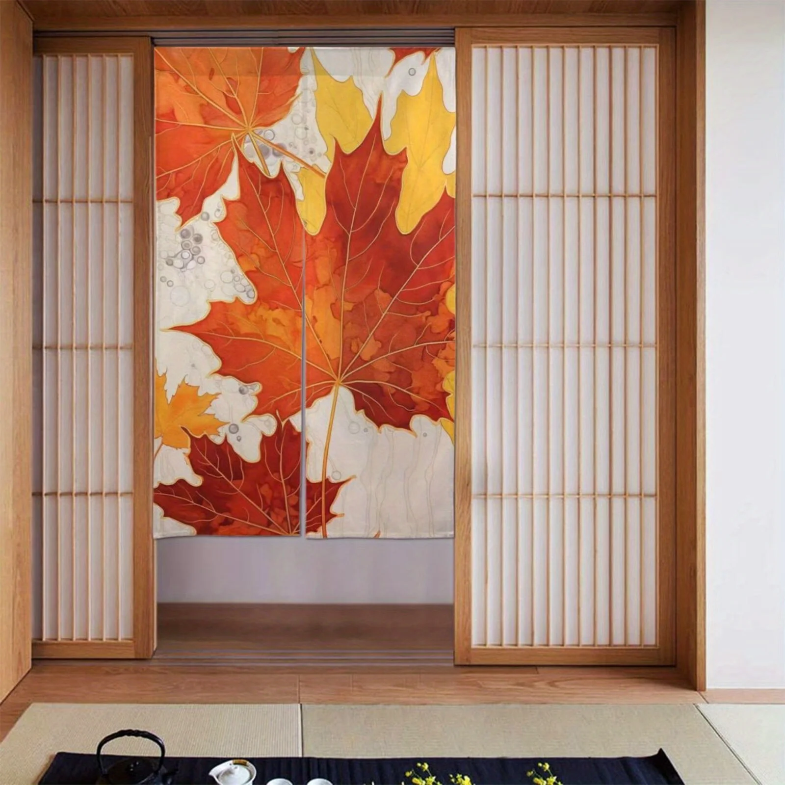 1pc Red and orange maple leaf pattern door curtain polyester fabric machine washable suitable for dining room kitchen decoration