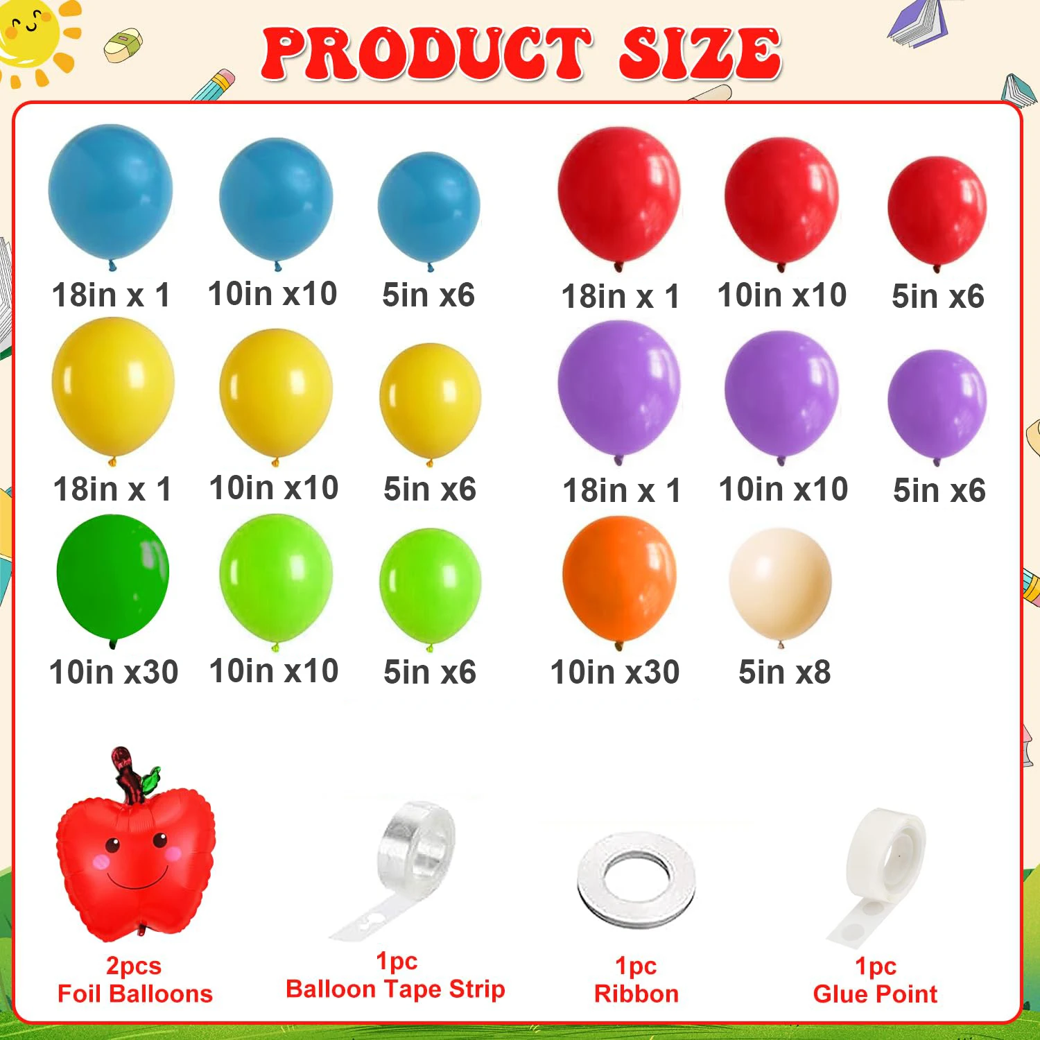 Back to School Balloon Garland Arch Kit Rainbow Apple Balloon for First Day of School Kindergarten Classroom Party Decoration