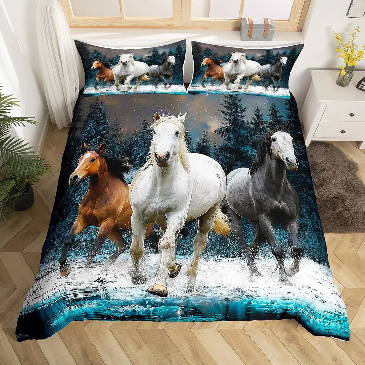 Horse Duvet Cover Twin Queen Size, Galloping Horse Bedding Set Wild Animal Comforter Cover For Girls Teens Kawaii Bedroom Decor