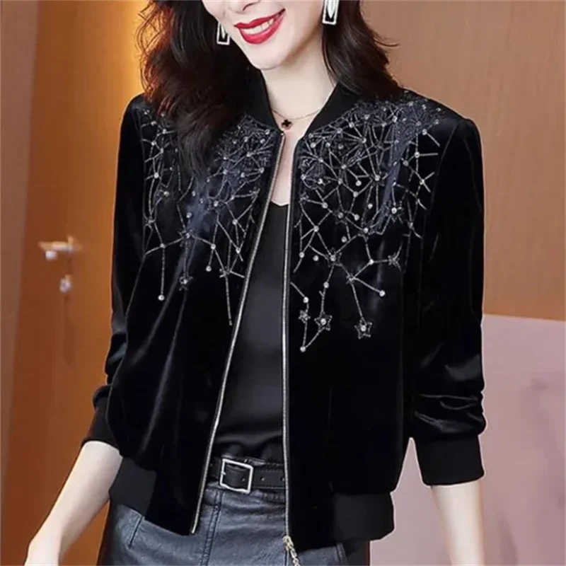 Golden Velvet Short Coats Women Jackets O-Neck Zip Outwear New Black Versatile Casual Loose Woman Coat Embroidered Female Jacket