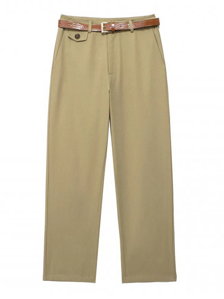 

Casual Straight Long Pants With Belt Women Loose Solid High Waist Trousers Female Autumn Winter Chic Daily Style Outdoor Pant