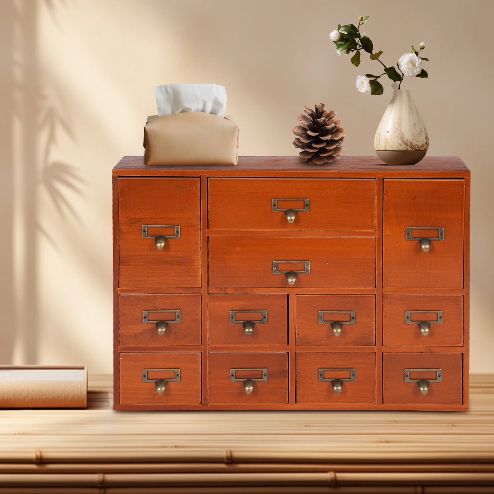 

Ящик для хранения с 12 выдвижными ящиками, деревянный аптечный шкафчик с местом для этикеток и металлической ручкой, настольный органайзер для хранения