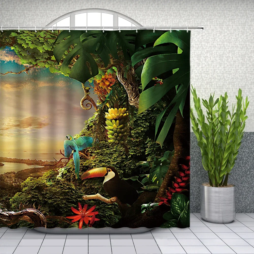 Tropical Jungle Landscape Shower Curtains Bathroom Decor Wild Animal Parrot Toucan Leopard Home Bathtub Decor Polyester Curtain