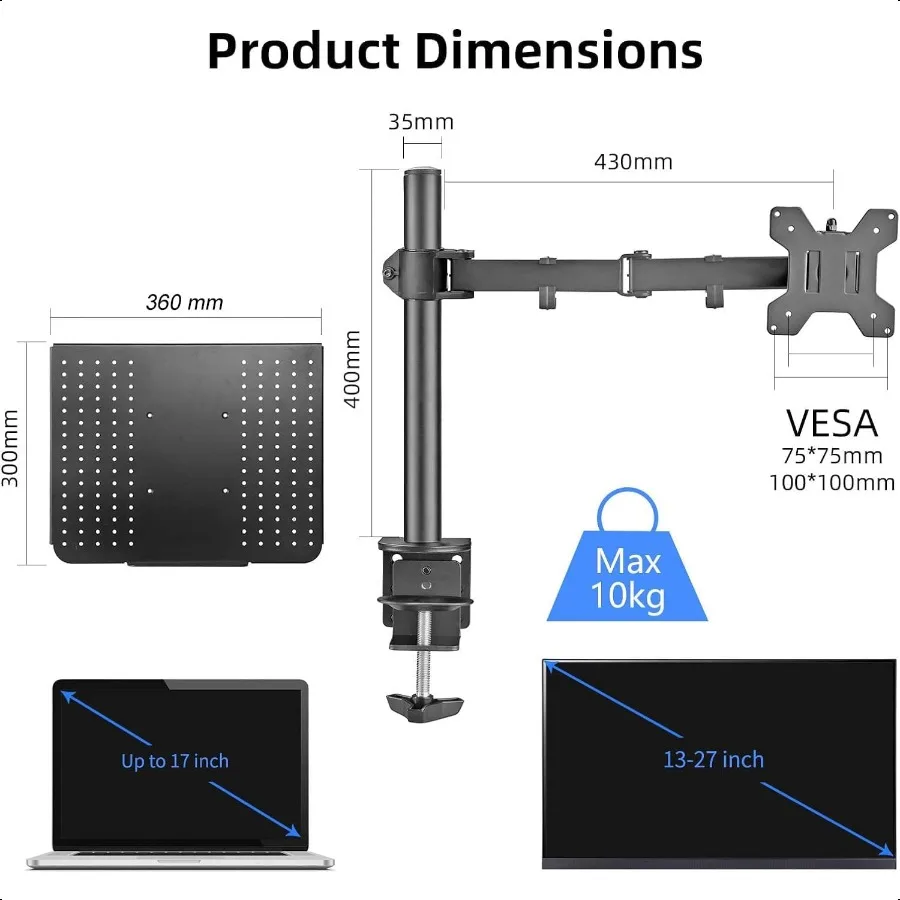Pojedyncze uchwyty biurkowe na laptopa z tacką na ekran komputera o przekątnej do 13,27 cala, w pełni regulowane ramię biurkowe na laptopa do notebooków o przekątnej do 1...