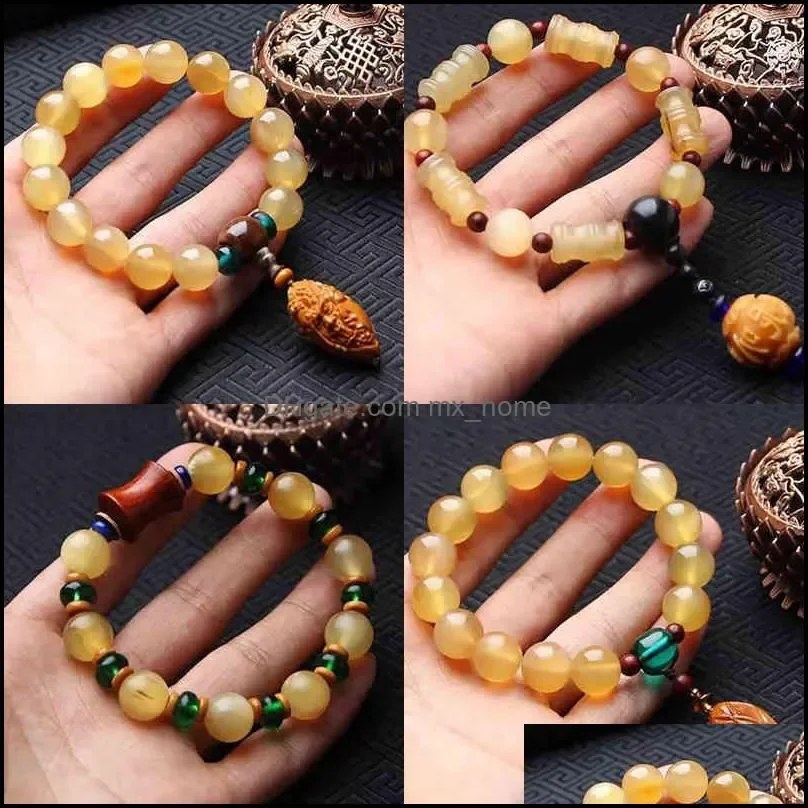 

Chinese Style Products Tibetan Natural Sheep Horn Round Bead Single Circle Buddha Hand String Diy With Olive Core Lobar Red Drop