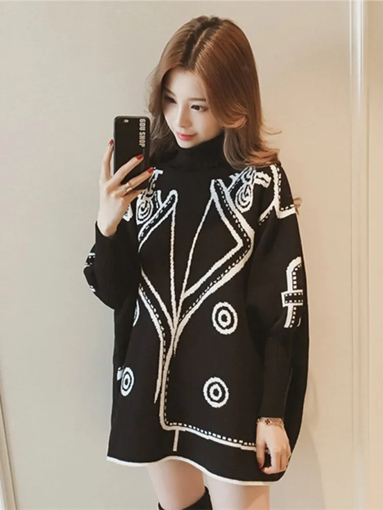 Rouge chauve-souris Sve col haut pull tricoté femme ample longueur moyenne manteau tricoté automne hiver nouveau Sle rétro Faion