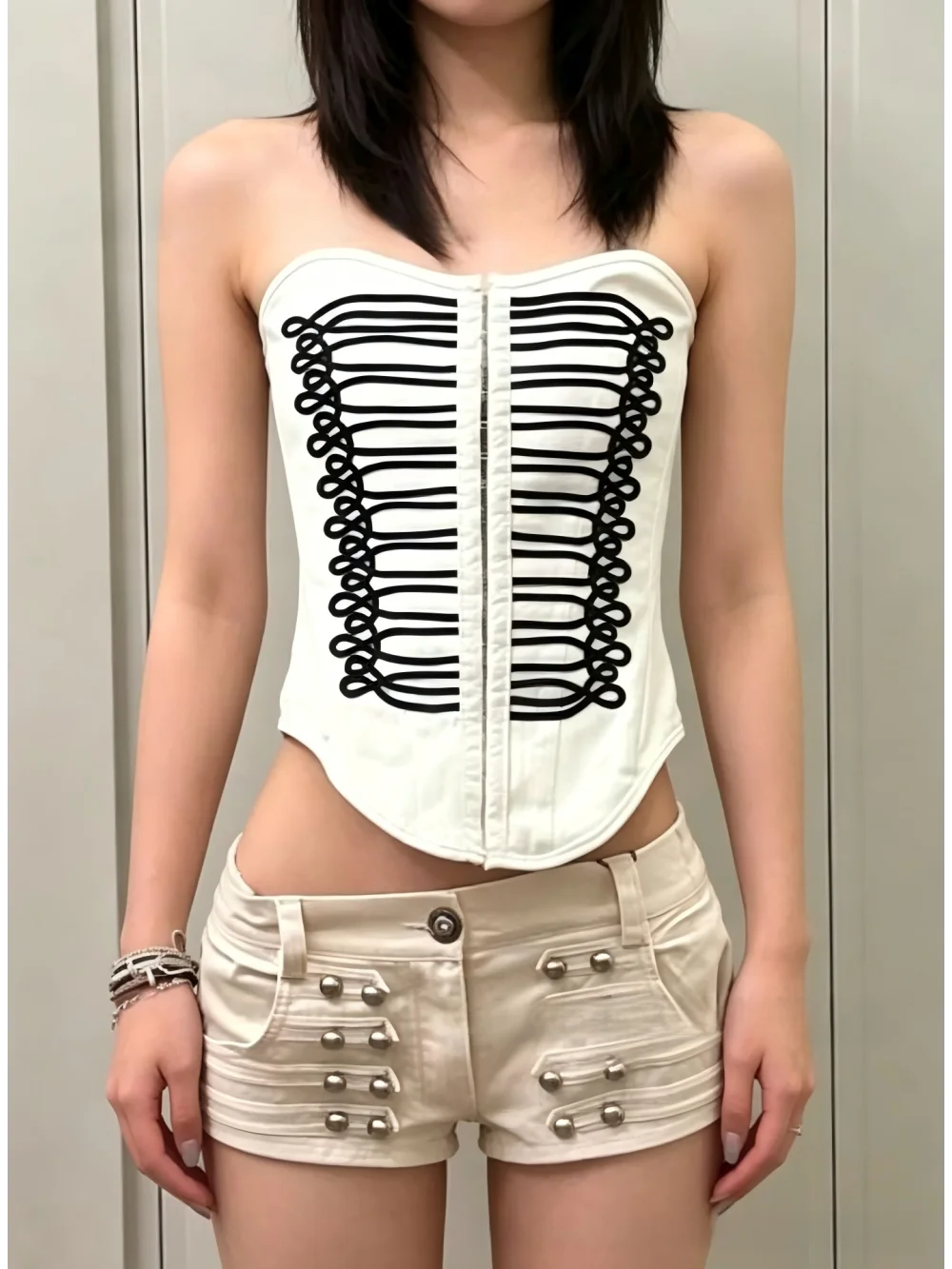 American court style design, strapless, sexy, spicy girl, street socialite style, niche high-end temperament, zipper vest