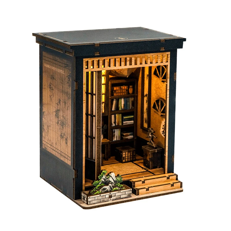 Japanischer Buchstützen-Set im Handwerklichen 3D-Holzpuzzle-Stil, DIY Miniaturhaus-Modell zur Heimdekoration