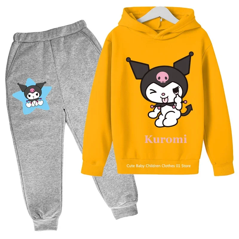 2024 New cute Kuromi girl fashion Boy cotton pullover hoodie set Anime cartoon kids student Hello Kitty outdoor casual wear