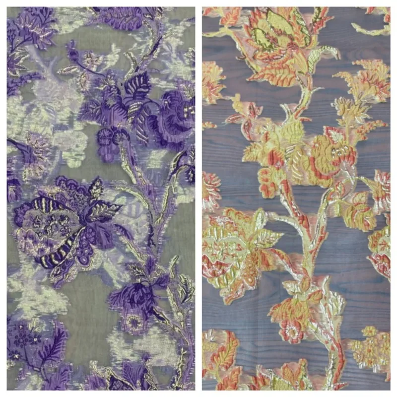 Organza color-blocking gold thread jacquard cut-and-print dress fabric white base metal large flower color woven