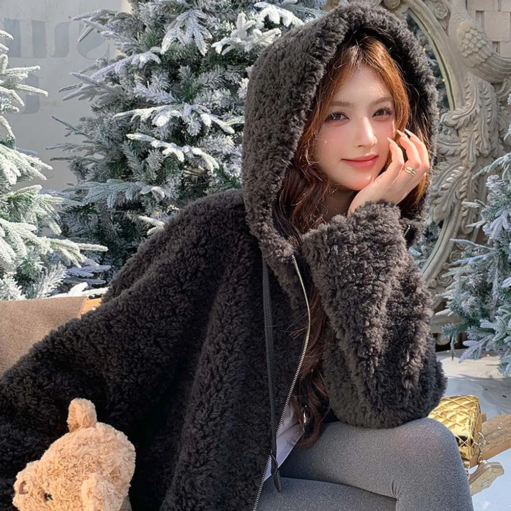 سميكة أفخم منتصف طول الفراء سترة المرأة فضفاضة تناسب صوف الضأن معطف مقنع الشتاء نمط جديد ملابس خارجية الموضة #5