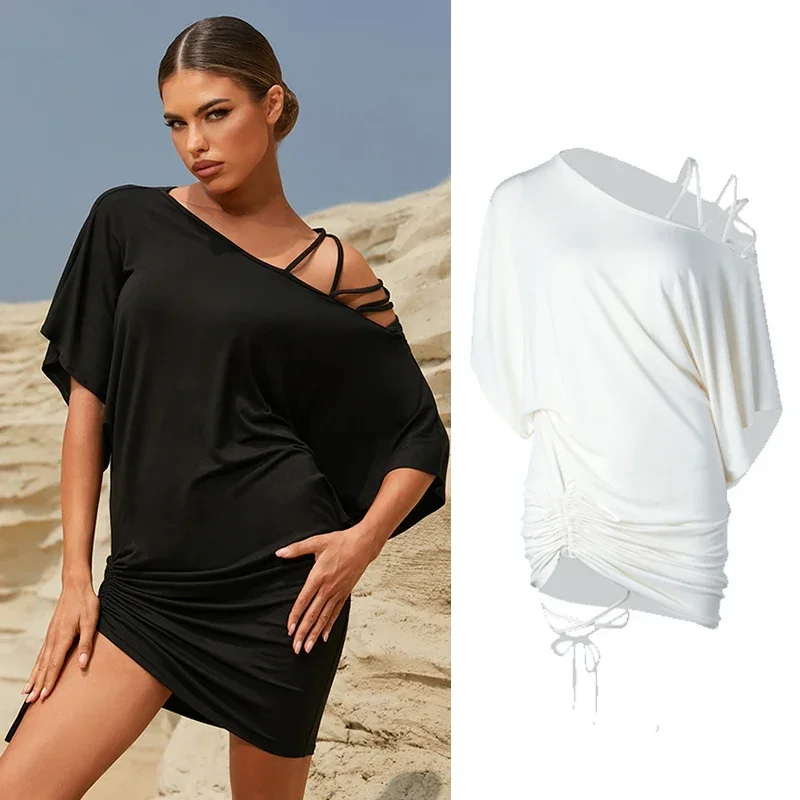 

Slant Shoulder Latin Dance Dress Women Loose Practice Clothing Summer Bat Sleeves White Black Dress Rumba Dance Wear DNV17605