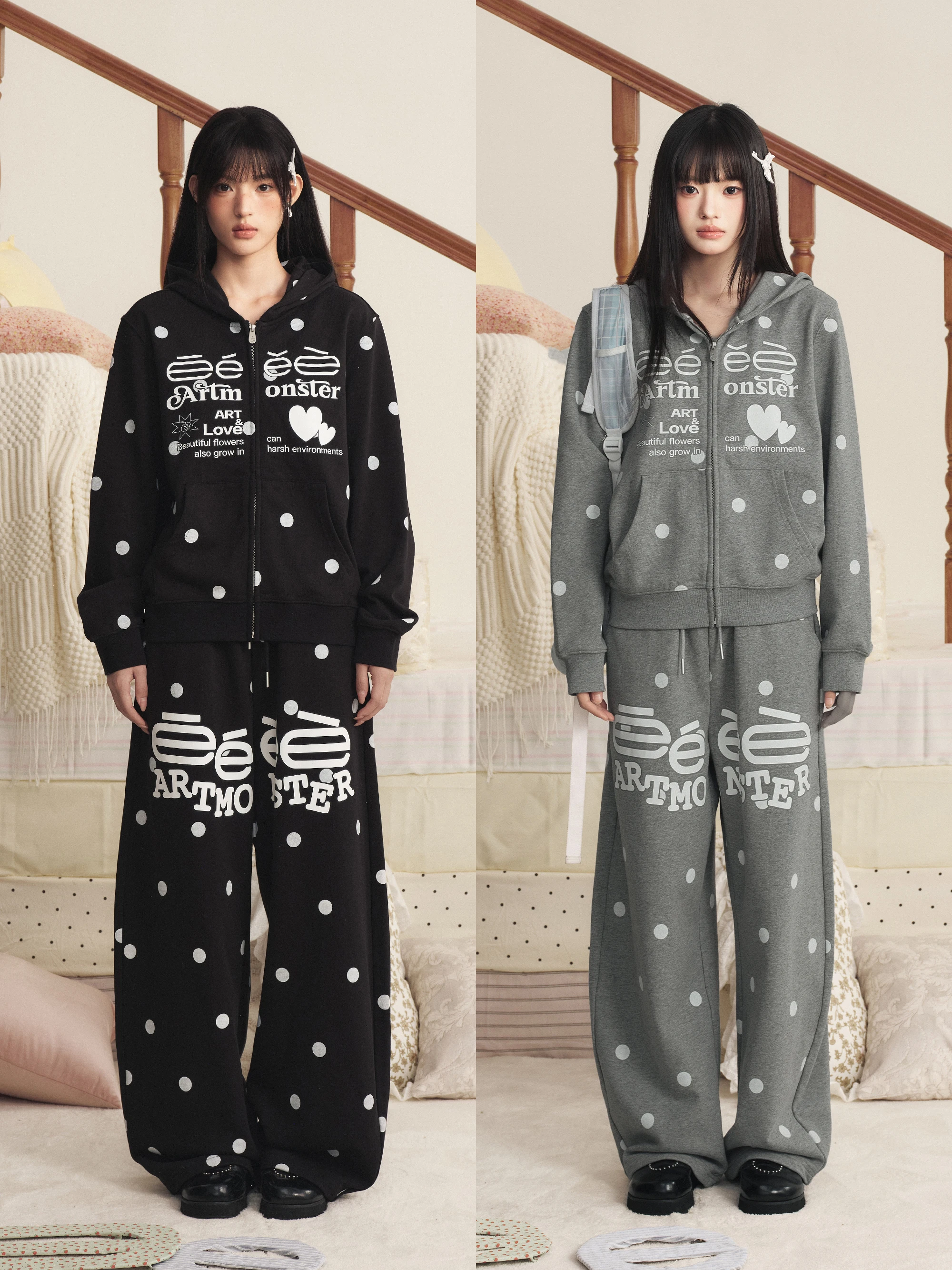 Retro Polka Dot Letter Print Hoodie Korean Style Long Sleeve Zipper Closure Sweatshirt Unisex Standard Fit Digital Direct Spray