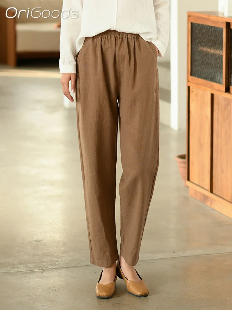 

OriGoods Slim Pants Woman Linen Cotton Elasic Waist Casual Summer Pants High Quality Korean Fashion Slim Pants Girl Q105