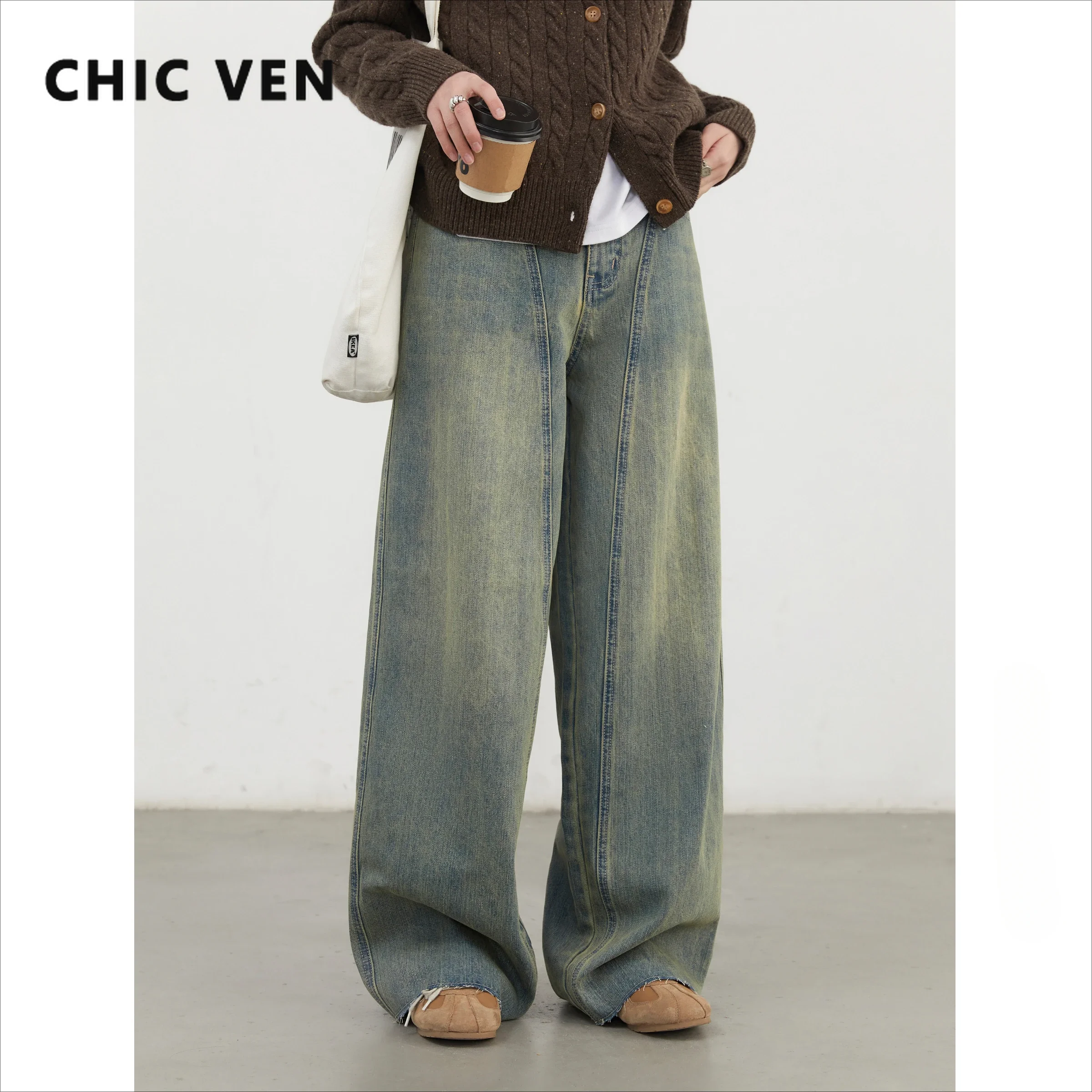 CHIC VEN Women Jeans Loose Casual New High Waisted Washed Denim Pant Female Wide Leg Pants Woman Trousers Spring Autumn 2024