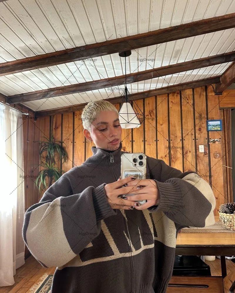 

Вышивка букв в стиле хип-хоп Harajuku, большой кардиган с двойной молнией, мужской повседневный кардиган Y2K, уличная одежда, модный винтажный свободный свитер для женщин