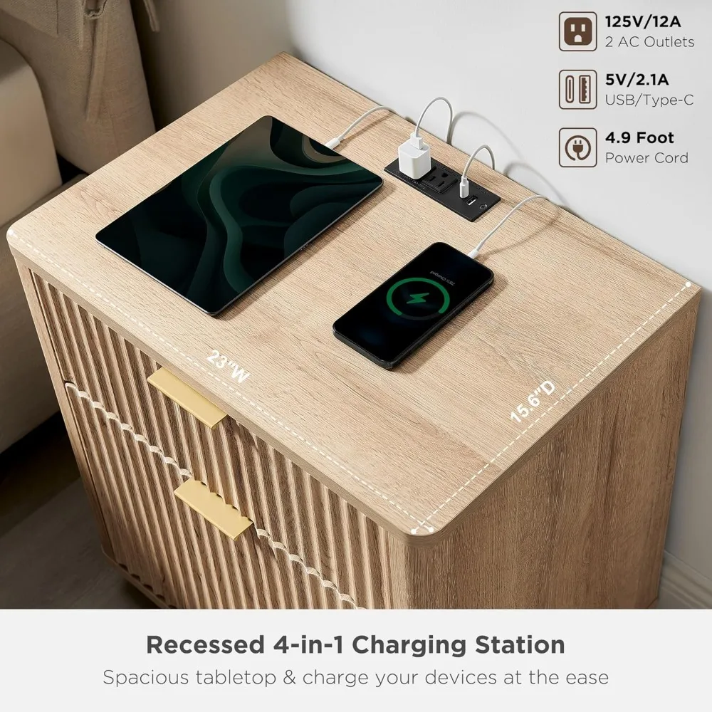 

23'' Fluted Nightstand with Charging Station, Large 2 Drawer Bedside Table, Modern End Table with Storage, Customized