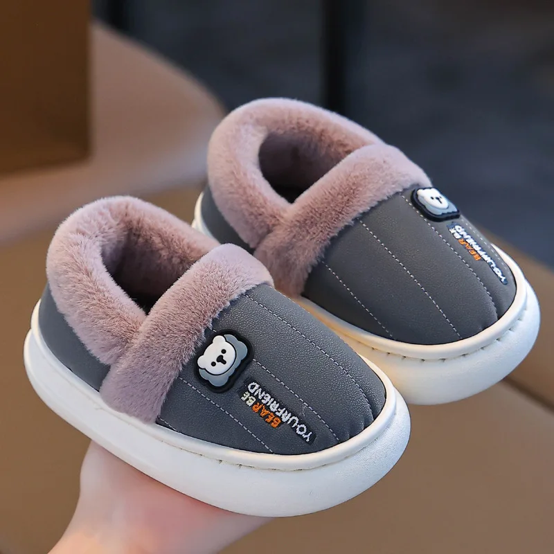 Winter Solid Toddler Kids Slippers PU Warm Plush Boys Girls House Shoes Anti Slip Soft Sole Children Floor Slippers