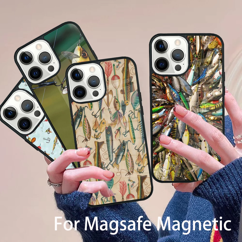 

Fishing Baits Lures Hook Tackle Phone Case Magesafe Magnetic Wireless Charge Cover For IPhone 16 11 12 13 14 15 Pro Max Plus