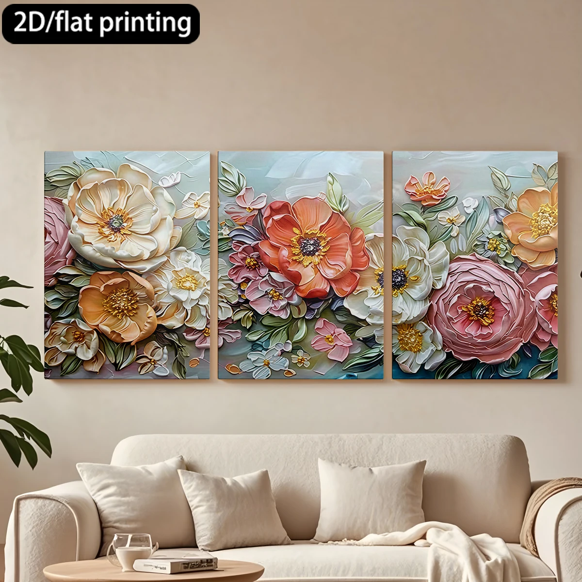 

Three-panel decorative canvas paintingFloral wall art, variety of colorful blooms.