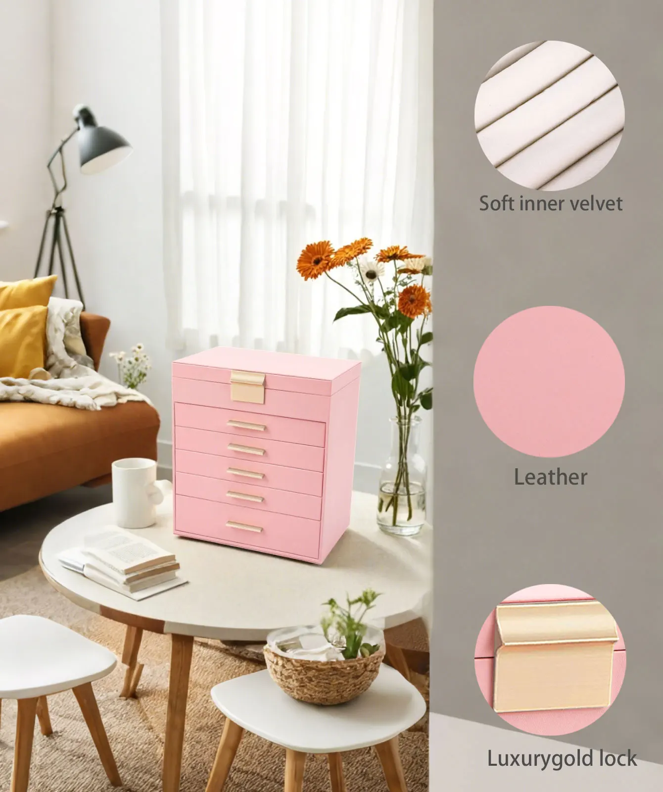 Large Jewelry Box,6-Tier PU Leather Jewelry Organizer ,Multi-functional Storage Case with Mirror,Accessories Holder wit ﻿