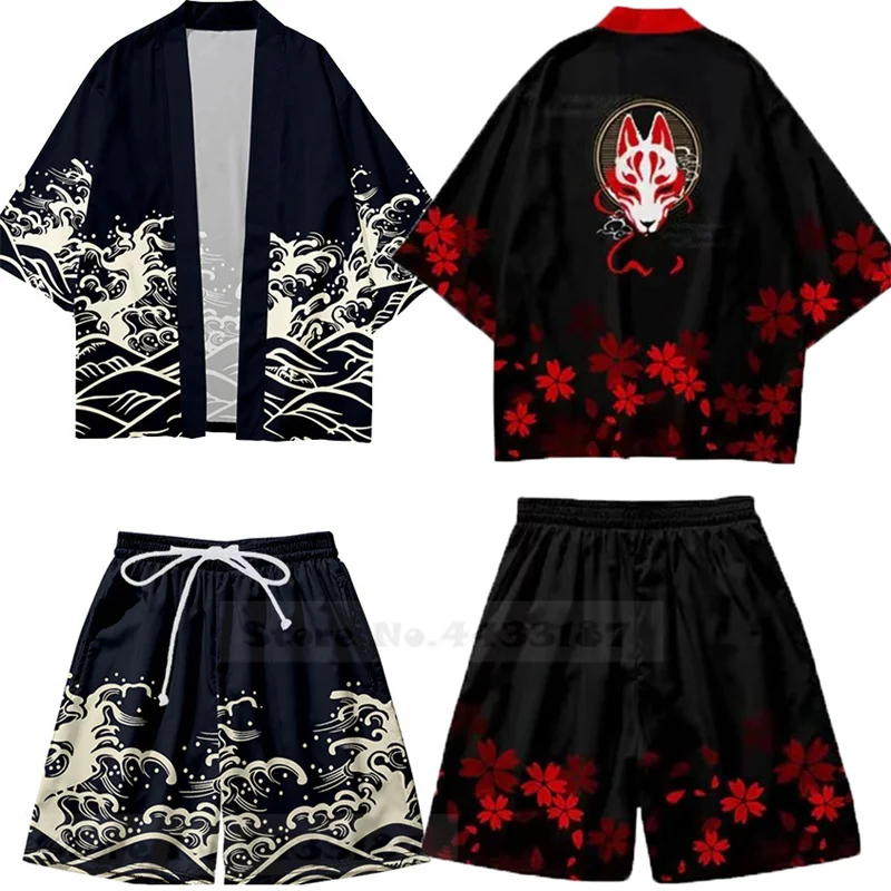 Plus Size 5XL Japanese Kimono Cardigan Shorts Set Print Tradition Yukata Haori Cosplay Costume Casual Satin Robe Streetwear