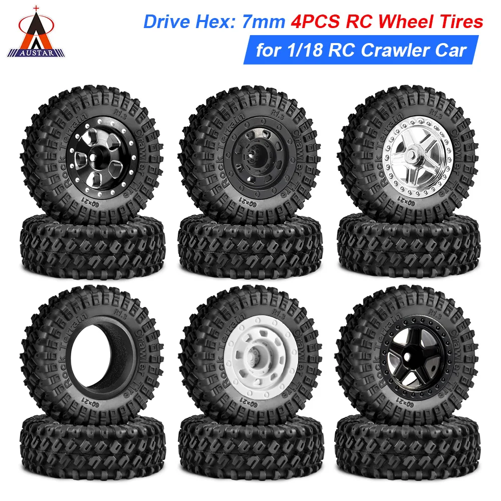 AUSTAR 1.3 inch RC Tires 1/18 Wheels Tires Set 7mm Hex for 1/18 TRX4M RC Crawler Car Parts