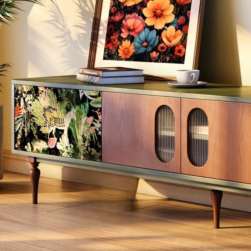 

French Retro TV Stand, Solid Ash Wood Media Console with Green Base for Compact Living Rooms