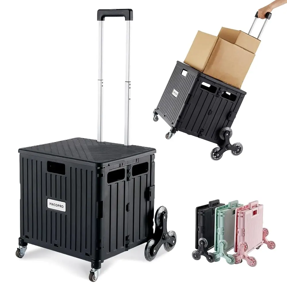 

Foldable Utility Cart With Stair Climbing Wheels, Collapsible Rolling Crate With Telescoping Handle, Folding Shopping Trolley