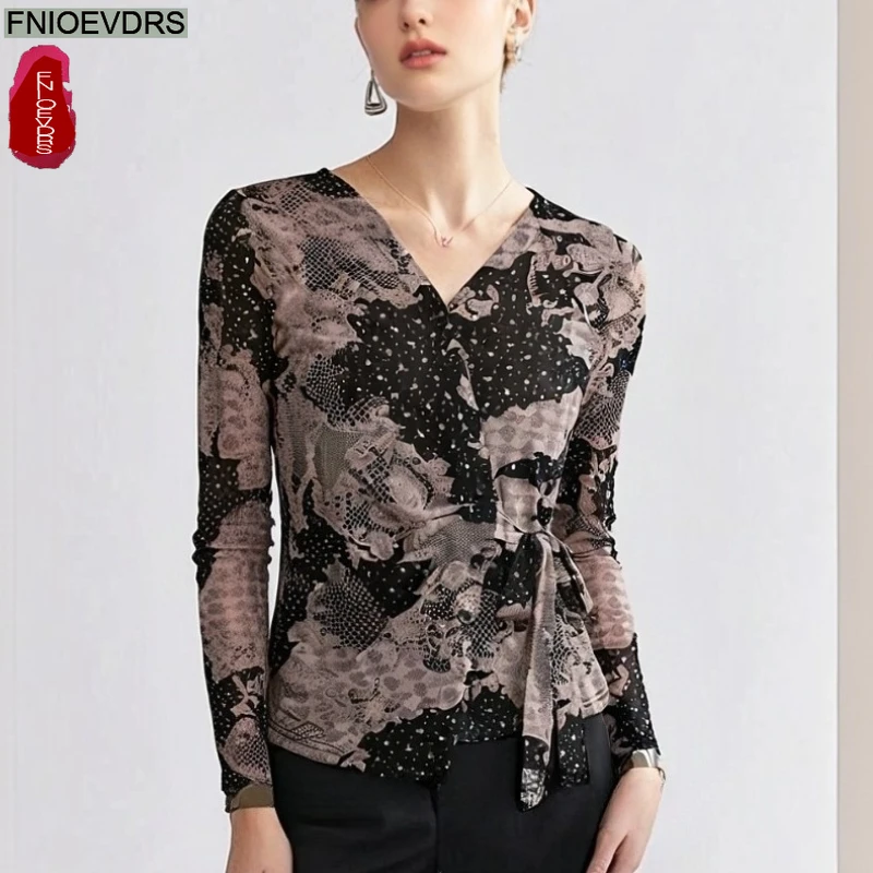 السنة الجديدة عيد الميلاد بقماش شفاف ربطة القوس فيونكة القمم البلوزات الدانتيل متابعة الأزهار طباعة ريترو خمر قمة أنيقة مكتب سيدة أساسيات القمصان #1