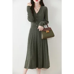 V-Neck Button 100% Wool Dress For Women Autumn Winter Warm And Elegant Pullover Solid Color French Fashion Slim Fit Knit Sweater