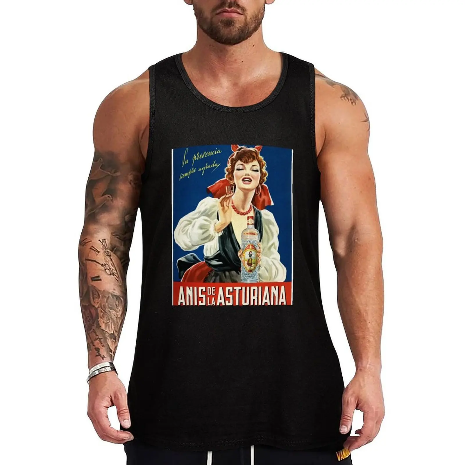 Camiseta sin mangas con estampado publicitario de la licorera de vino vintage Anís De La Asturiana, estilo clásico, para uso diario