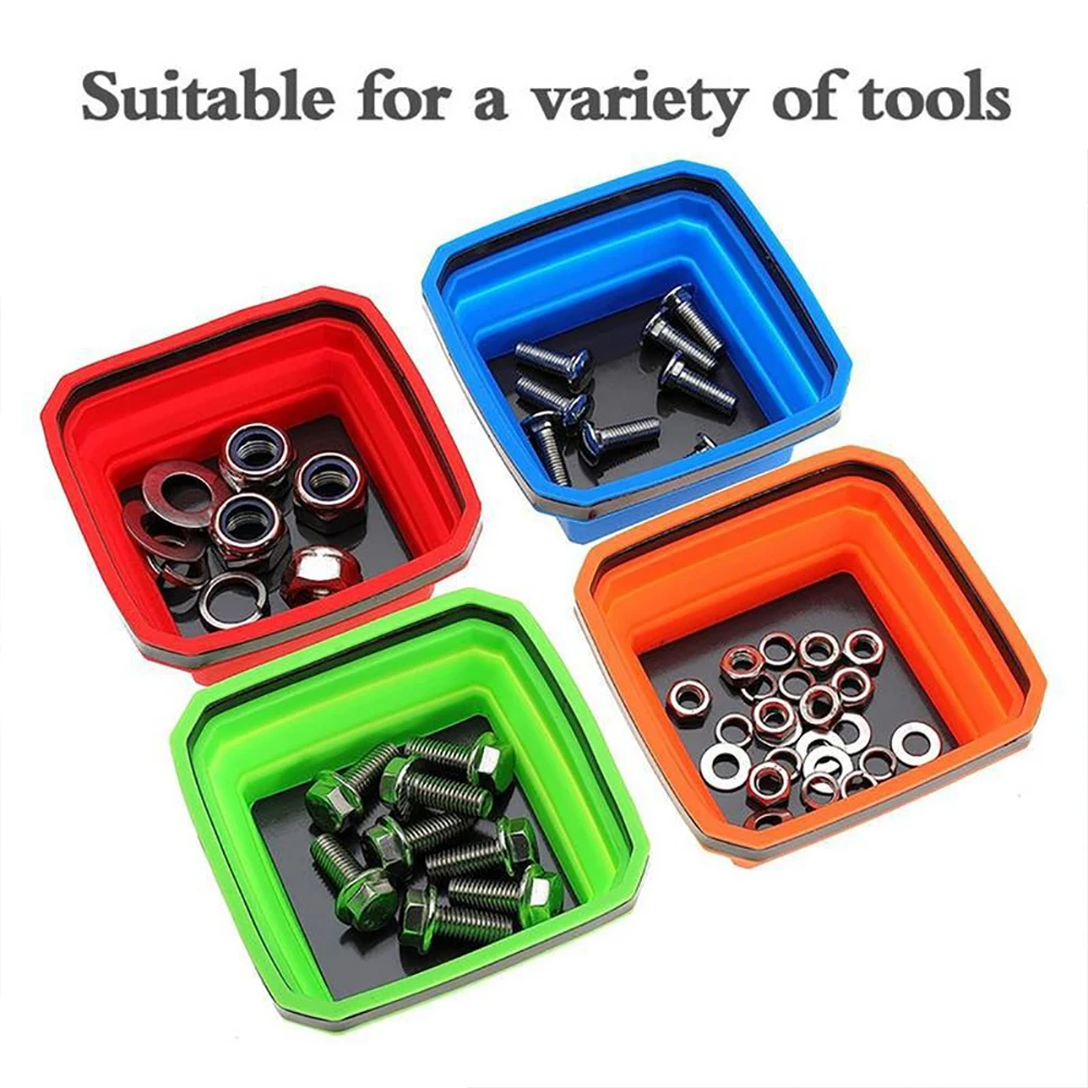 4.53Inch Square Silicone Screw Bowl Collapsible Magnetic Parts Tray Magnetic Screws Tools Parts Tray Holder for Small Metal Part