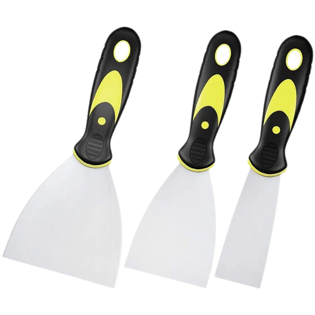3 buah alat pengikis pisau dempul, untuk cat dapur pengikis noda pegangan kayu Stainless Steel alat semen lantai minyak